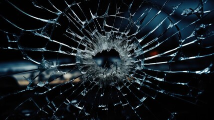 Cracked and bullet holes in a windshield.
