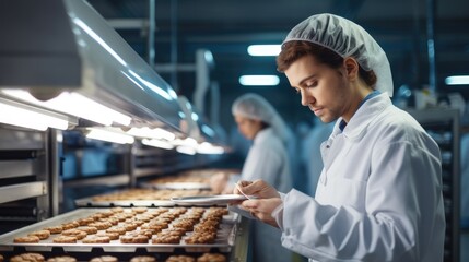 Male food plant worker checking and quality control of cookies in facility. - obrazy, fototapety, plakaty