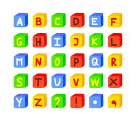 Cartoon 3D cute cube font for preschool kids. Vector colorful english alphabet set.