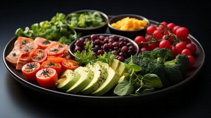 A plate of food with different kinds of food aerial view. Generative AI.