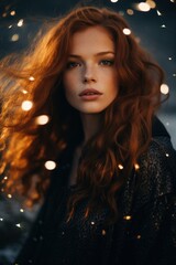 Obraz na płótnie Canvas A fiery-haired girl stands in a portrait, her freckled face adorned with a bold lip and surrounded by fashion and light, exuding an untamed and captivating energy