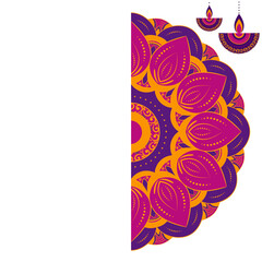 Obraz premium Happy Diwali Greeting Card With Lit Oil Lamps (Diya) Hang And Mandala Pattern.