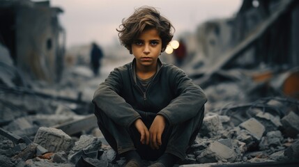 Little sad boy sitting in front of collapse buildings area, War victim. - obrazy, fototapety, plakaty
