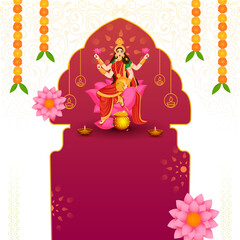 Character Of Goddess Lakshmi On Lotus Flower With Lit Oil Lamps (Diya) And Floral Garland (Toran) For Happy Diwali Concept.
