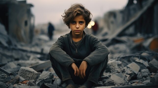 Little sad boy sitting in front of collapse buildings area, War victim.