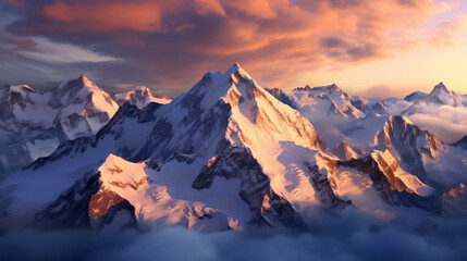 Aerial view of snow-covered mountain peaks at sunrise, aerial photography, soft morning light, panoramic view. View on rocky mountains covered with snow. Beautiful alpine nature view. Alpine theme.