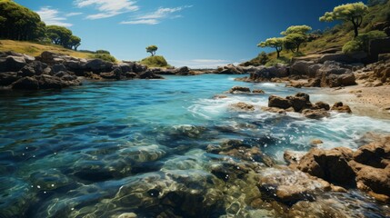 Fototapeta na wymiar A rocky beach with blue water. Generative AI.