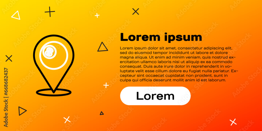 Poster line map pointer with billiard pool snooker ball with number 8 icon isolated on yellow background. c