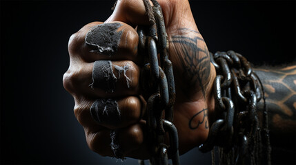 Fototapeta na wymiar a man's hand in chains. A fist as a symbol of resistance to the deprivation of rights and freedoms. Anti-slavery and illegal imprisonment concept