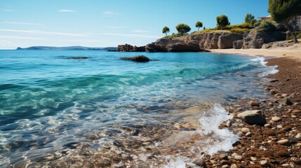 Fototapeta premium A rocky beach with blue water. Generative AI.