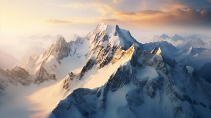 Aerial view of snow-covered mountain peaks at sunrise, aerial photography, soft morning light, panoramic view. View on rocky mountains covered with snow. Beautiful alpine nature view. Alpine theme. - obrazy, fototapety, plakaty