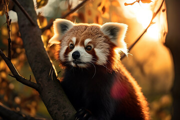 Panda vermelho em cima de uma arvore sobre a luz do por do sol - Papel de parede