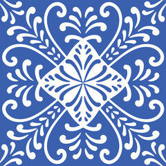 Pattern blue and white. Original traditional Portuguese and Spain decor.Seamless pattern tile with Victorian motives. Ceramic tile in talavera style. Ornamental blue and white patterns for any decor.