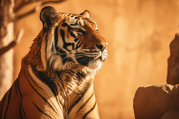 Tigre belo isolado com a iluminação do por do sol no fundo - Papel de parede macro - obrazy, fototapety, plakaty