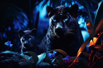Pantera negra e seu filhote na floresta noturna com iluminação azul - Papel de parede - obrazy, fototapety, plakaty