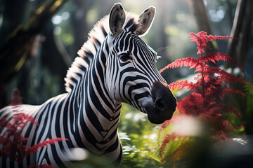Zebra na floresta verde com plantas vermelhas e iluminação suave do sol - Papel de parede 