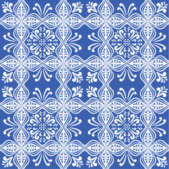 Pattern blue and white. Original traditional Portuguese and Spain decor.Seamless pattern tile with Victorian motives. Ceramic tile in talavera style. Ornamental blue and white patterns for any decor.
