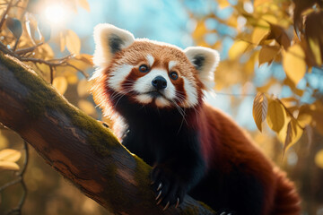 Panda vermelho em cima de uma arvore sobre a luz do por do sol - Papel de parede