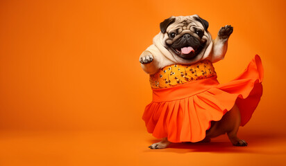 dancing fat pug dog standing upright on hind legs wearing dress, isolated on plain orange studio background with text spaace - obrazy, fototapety, plakaty