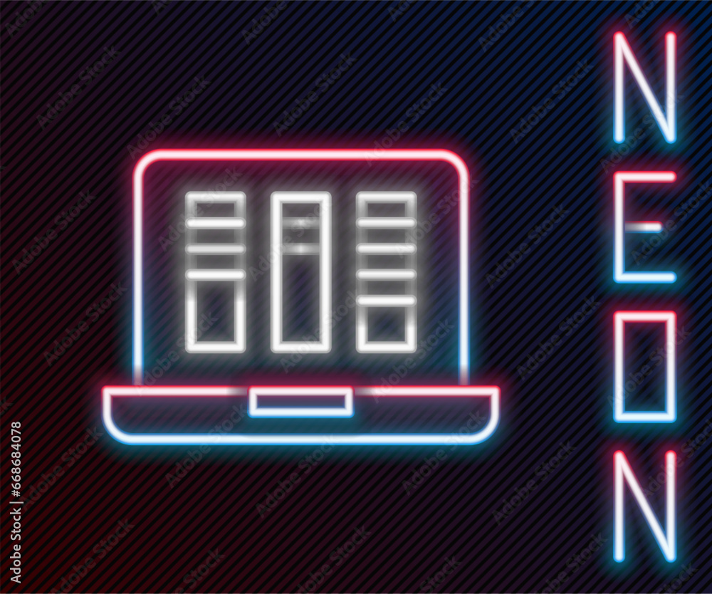 Poster glowing neon line sound or audio recorder or editor software on laptop icon isolated on black backgr