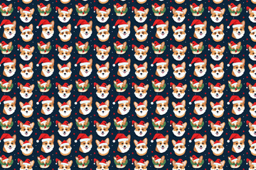 corgi dog in Santa hat christmas seamless pattern - obrazy, fototapety, plakaty