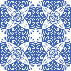 Pattern blue and white. Original traditional Portuguese and Spain decor.Seamless pattern tile with Victorian motives. Ceramic tile in talavera style. Ornamental blue and white patterns for any decor.