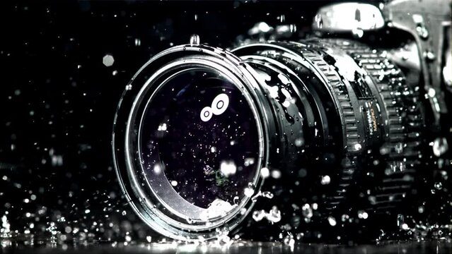 Drops of water fall on a camera with a lens. Filmed on a high-speed camera at 1000 fps. High quality FullHD footage