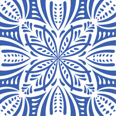 Pattern blue and white. Original traditional Portuguese and Spain decor.Seamless pattern tile with Victorian motives. Ceramic tile in talavera style. Ornamental blue and white patterns for any decor.