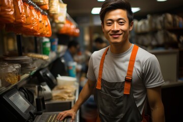 supermarket worker cashier in supermarket selfie view - obrazy, fototapety, plakaty