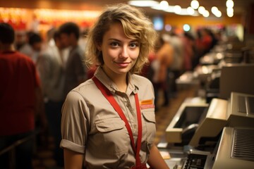 Fototapeta premium supermarket worker cashier in supermarket selfie view
