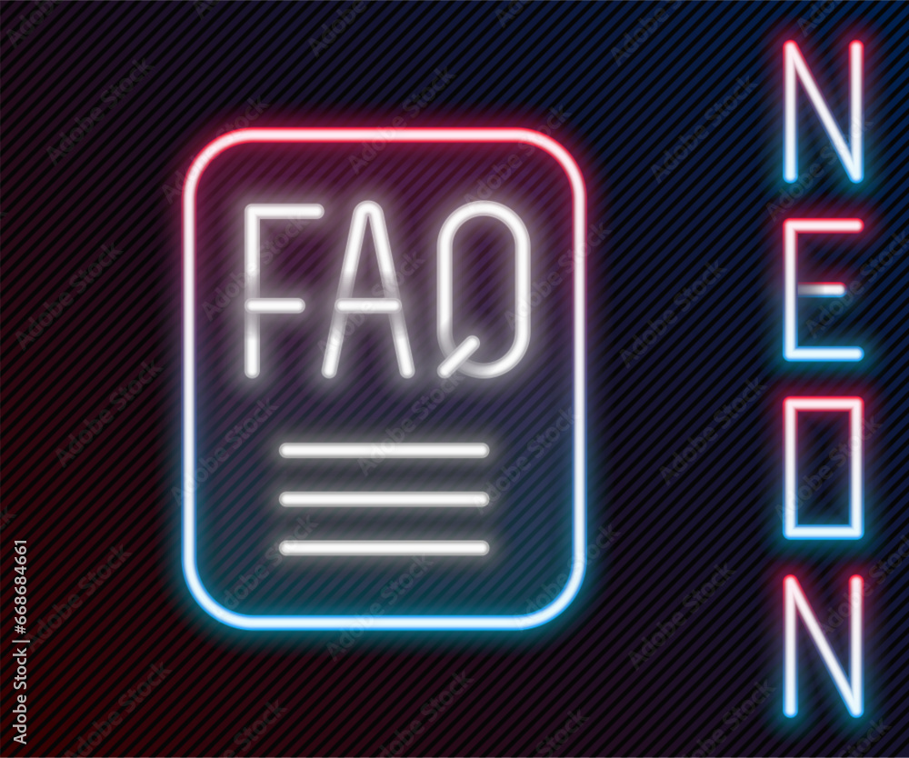 Poster glowing neon line speech bubble with text faq information icon isolated on black background. circle 