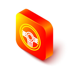 Isometric line Steering wheel icon isolated on white background. Car wheel icon. Orange square button. Vector