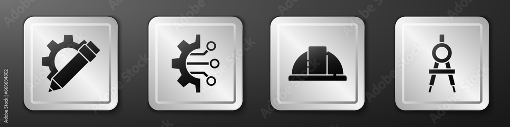 Poster set pencil and gear, algorithm, worker safety helmet and drawing compass icon. silver square button.