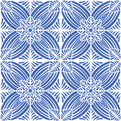 Pattern blue and white. Original traditional Portuguese and Spain decor.Seamless pattern tile with Victorian motives. Ceramic tile in talavera style. Ornamental blue and white patterns for any decor.