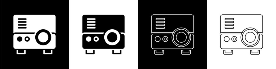 Set Presentation, movie, film, media projector icon isolated on black and white background. Vector