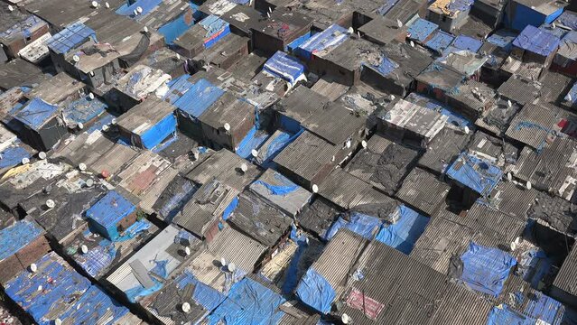 Overhead view of slum houses in Mumbai, poverty and housing in India