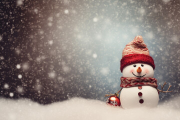 Snowman with christmas tree on snow. winter holiday background. christmas and new year greeting card.