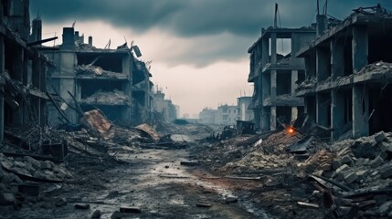Empty city with destroyed houses, Collapsed buildings, War victim. - obrazy, fototapety, plakaty