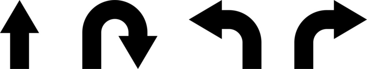 Go Straight This Way One Way Only U Turn Left and Right Black Arrow Sign Direction Icon Set. Vector Image.