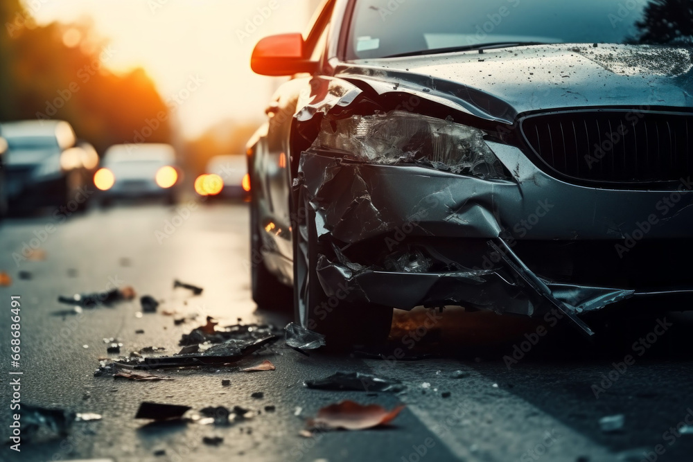 Poster broken car in an accident. crash on the road. background with selective focus and copy space