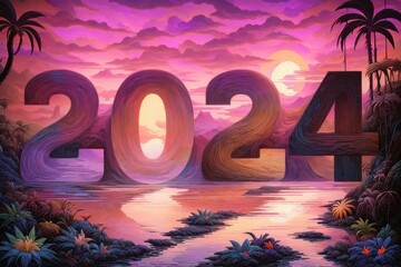 Numbers 2024 in tropical style. Merry Christmas and Happy New Year concept. Background - obrazy, fototapety, plakaty