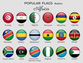 Buttons flags of African countries. Africa flag icon set. 3d round design. Nigeria Uganda Egypt Kenya Vector isolated