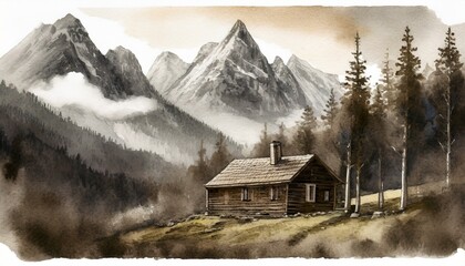 Washed out watercolor image of a cabin in a forest in the mountains