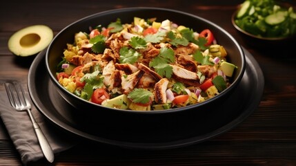 Italian rotisserie chicken salad in black bowl.