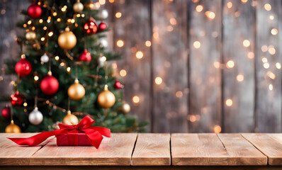 Fototapeta na wymiar Wooden table, blurred Christmas background