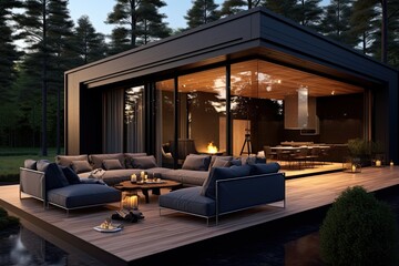 A stylish and modern house outdoor space with a lounge chairs - Powered by Adobe