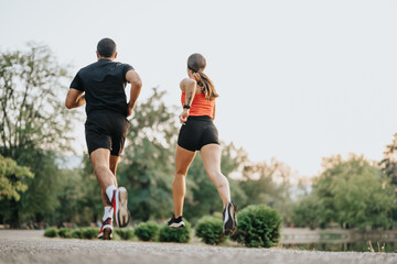 Two well-built joggers running together in a park during late evening.