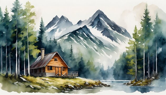 Washed out watercolor image of a cabin in a forest in the mountains