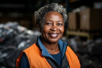 A woman at a waste processing plant. Garbage collection and disposal. Portrait with selective focus and copy space