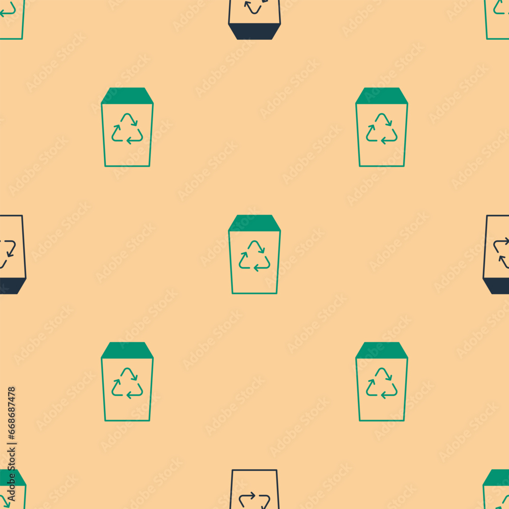 Poster green and black recycle bin with recycle symbol icon isolated seamless pattern on beige background. 
